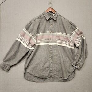 Eddie Bauer Mens Grey with Stripe Long Sleeve Button Up Flannel‎ Size XL